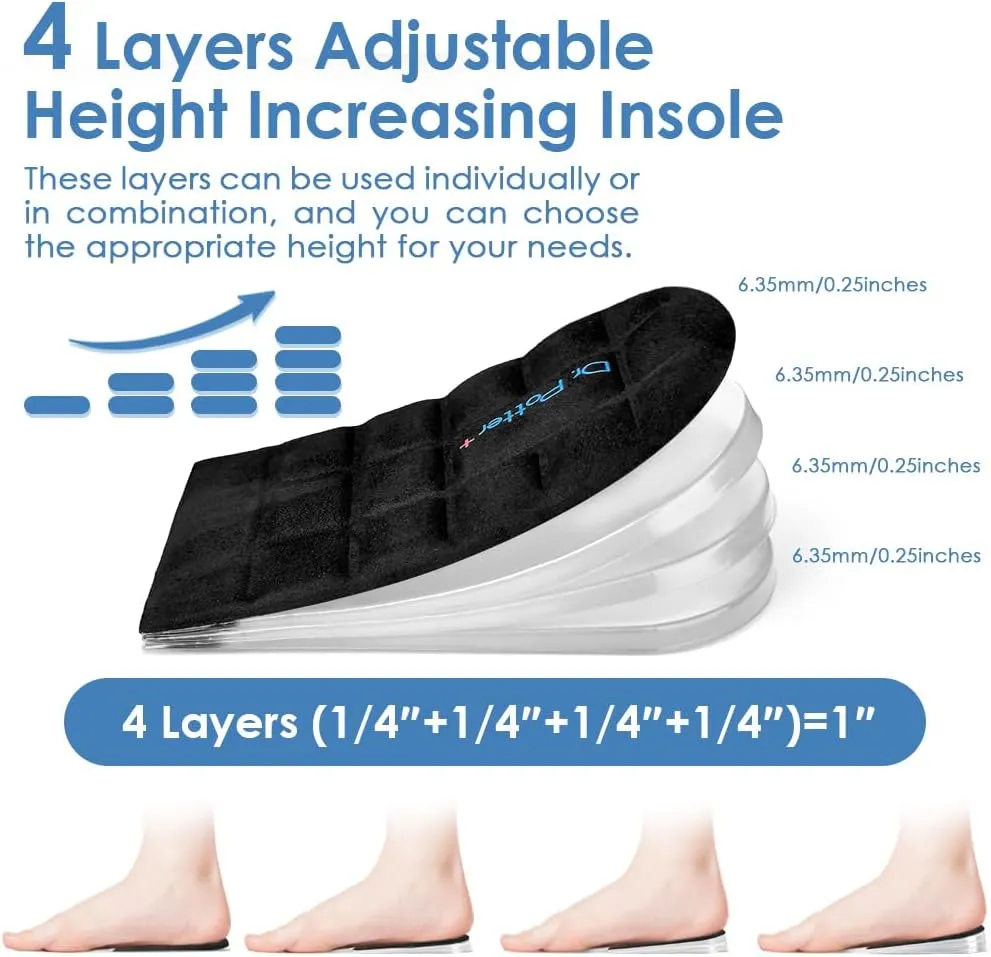 4 Layers Adjustable Height Increase Insoles, 1 Inch Heel Lift for Leg Length Discrepancies, Heel Cushions for Heel Spurs and Heel Pain, Heel Inserts for Women and Man (Black, Large)