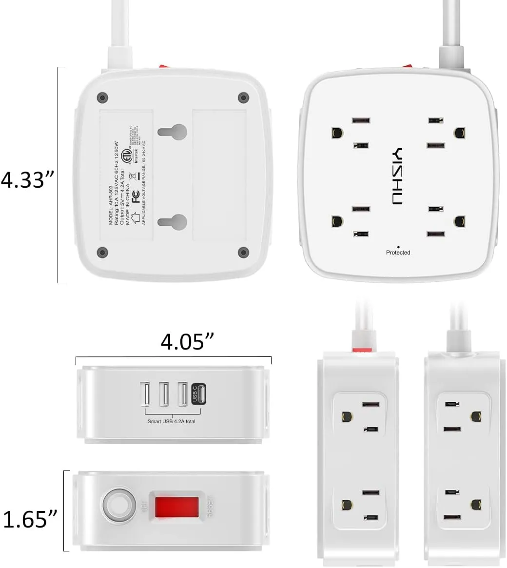 6 Ft Surge Protector Power Strip - 8 Widely Outlets with 4 USB Ports, 3 Side Outlet Extender with 6 Feet Extension Cord, Flat Plug, Wall Mount, Desk USB Charging Station, ETL,White