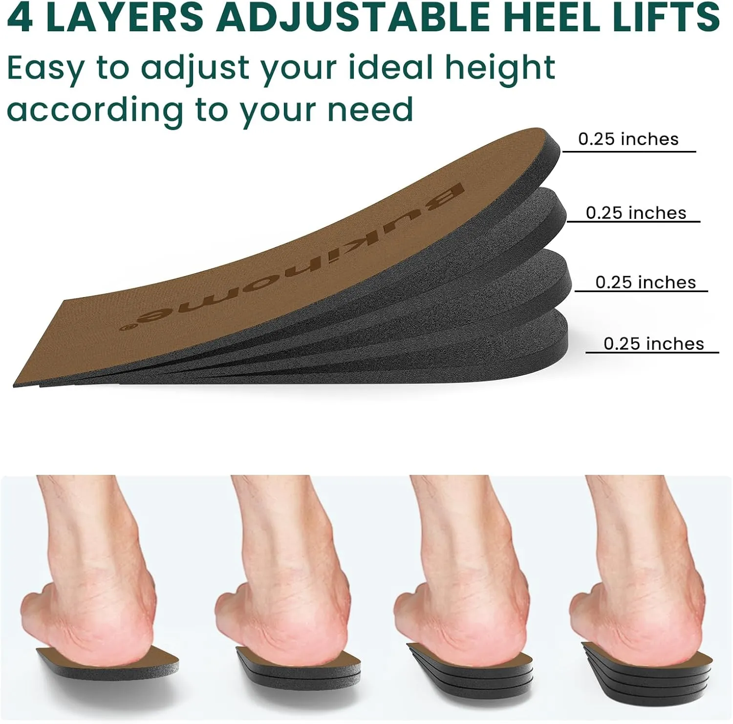 Adjustable Heel Lift Inserts for Shoes - Bukihome Orthopedic Shoe Lift for Uneven Legs 4 Layers Height Increase Insole for Heel Pain,Heel Spur,Achilles Tendonitis,Small (Women's 4-8.5)