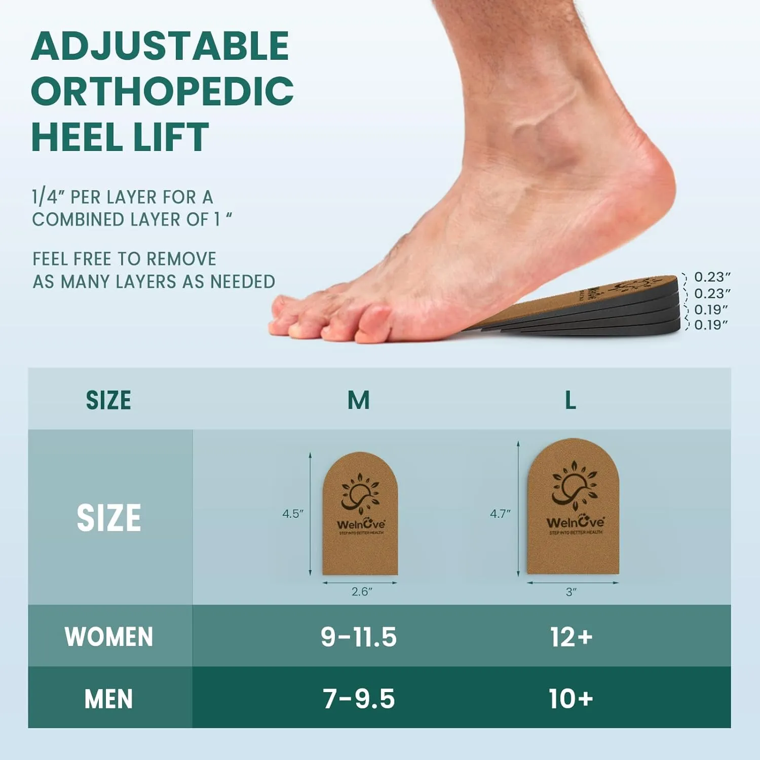 Adjustable Heel Lift Inserts for Shoes - Welnove 4 Layers Orthopedic Shoe Lifts for Women Uneven Legs Leg Length Discrepancy Heel Pain - Heel Insert (Brown,Size M Pack of 2)