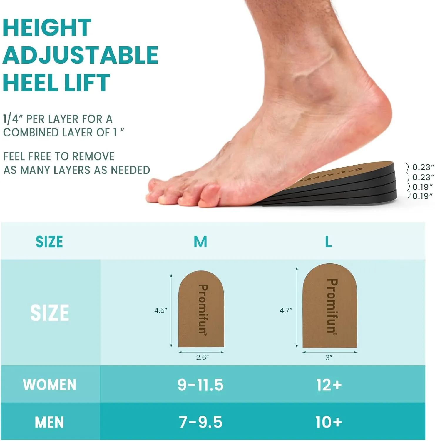 Adjustable Heel Lifts for Heel Pain Relief - Promifun 4 Layer Orthopedic Shoe Inserts for Achilles Tendonitis, Plantar Fasciitis, Heel Spur, Height Increase Inserts, Brown (S)