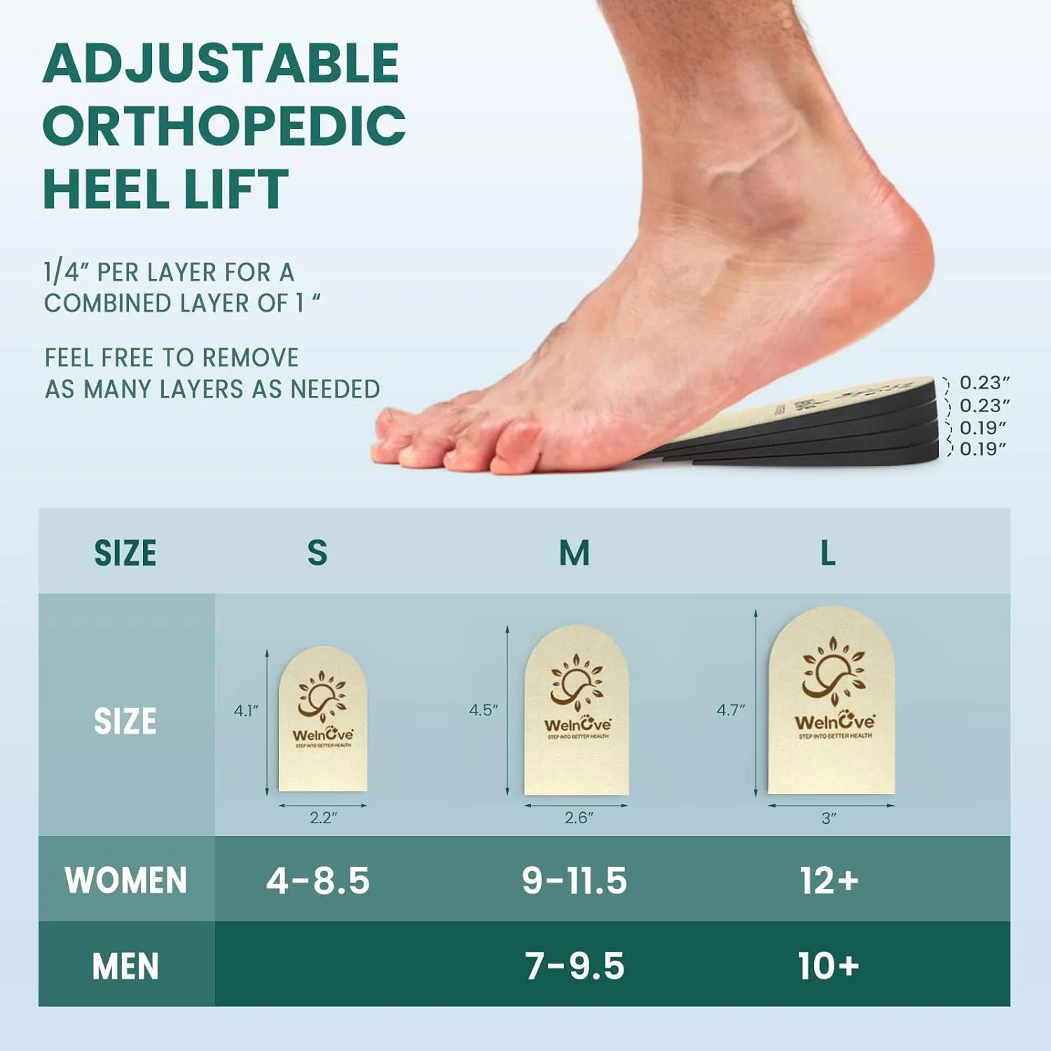 Adjustable Heel Lifts for Men Shoes - Welnove 4 Layers 1 Inch Orthopedic Height Increase Insert for Achilles Tendonitis, Heel Pain, Leg Length Discrepancy, Plantar Fasciitis, Shoe Lifts Large 1 Pair