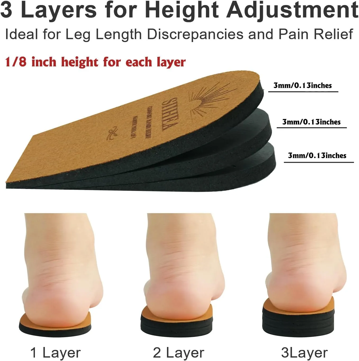 Adjustable Heel Lifts Inserts, 1/8'' Height Increase Insoles for Achilles Tendonitis, Heel Pain, Leg Length Discrepancy, Plantar Fasciitis, Shoe Lifts (Medium)