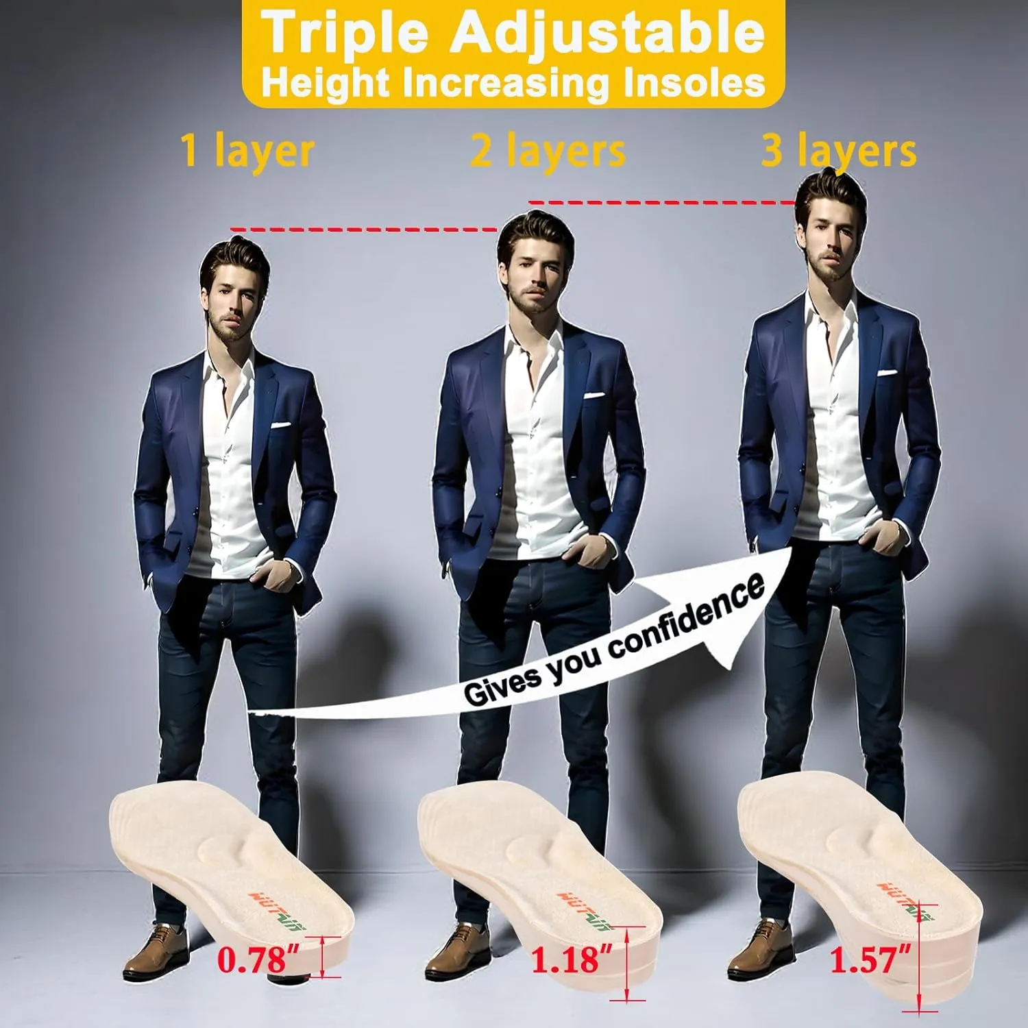 Adjustable Height Increase Insoles for Women Men 3 Layers Gel Heel Lift for Leg Length Discrepancy,Heel Pain,Spurs,Achilles Tendinitis, Shoe Lifts Increase by 1.57 Inches 1 Pair Small