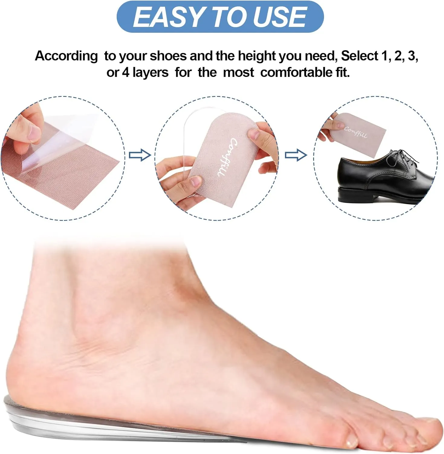 Adjustable Orthopedic Heel Lift Inserts Gel Height Increase Insoles for Women Men Leg Length Discrepancy, Heel Pain, Heel Spurs, 4-Layer Stackable Gel Shoe Lifts Lift Shorter Leg Uneven HIPS