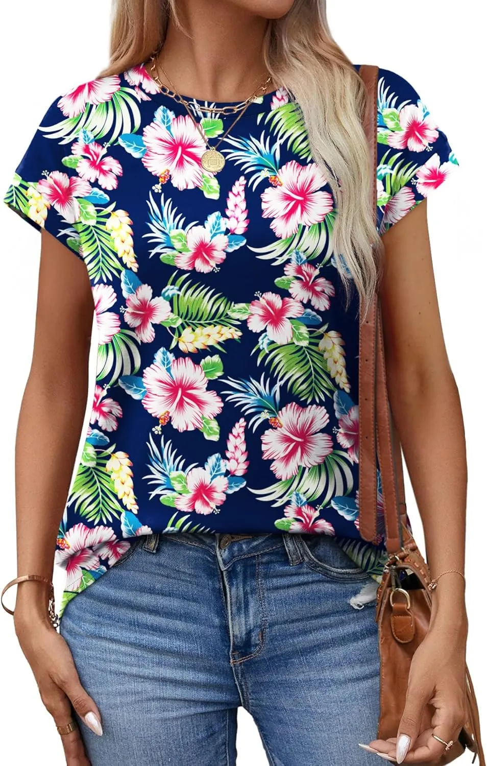 Alaroo Womens Summer Tops Short Sleeve Shirts Crew Neck Cute Trendy Tunic Blouses (S-3XL)