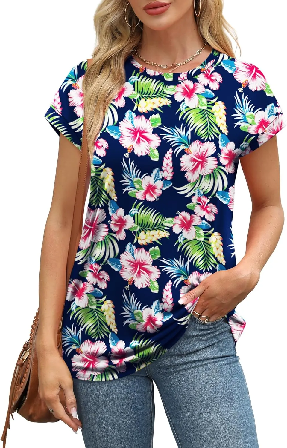 Alaroo Womens Summer Tops Short Sleeve Shirts Crew Neck Cute Trendy Tunic Blouses (S-3XL)