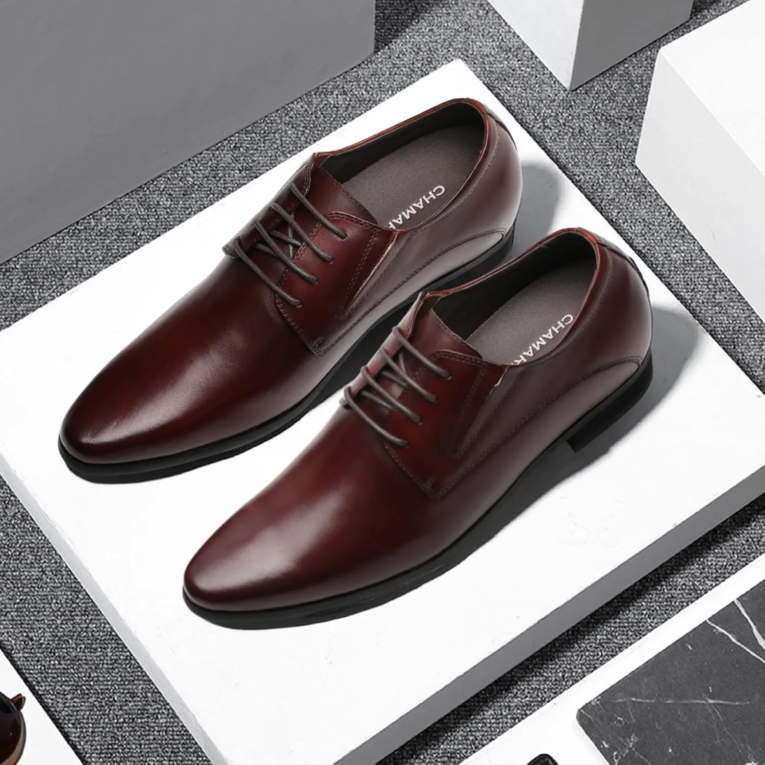 CHAMARIPA Elevator Shoes for Men- Black Leather Height Increase Dress Formal Shoes That Make You Taller 3.15 Inches.