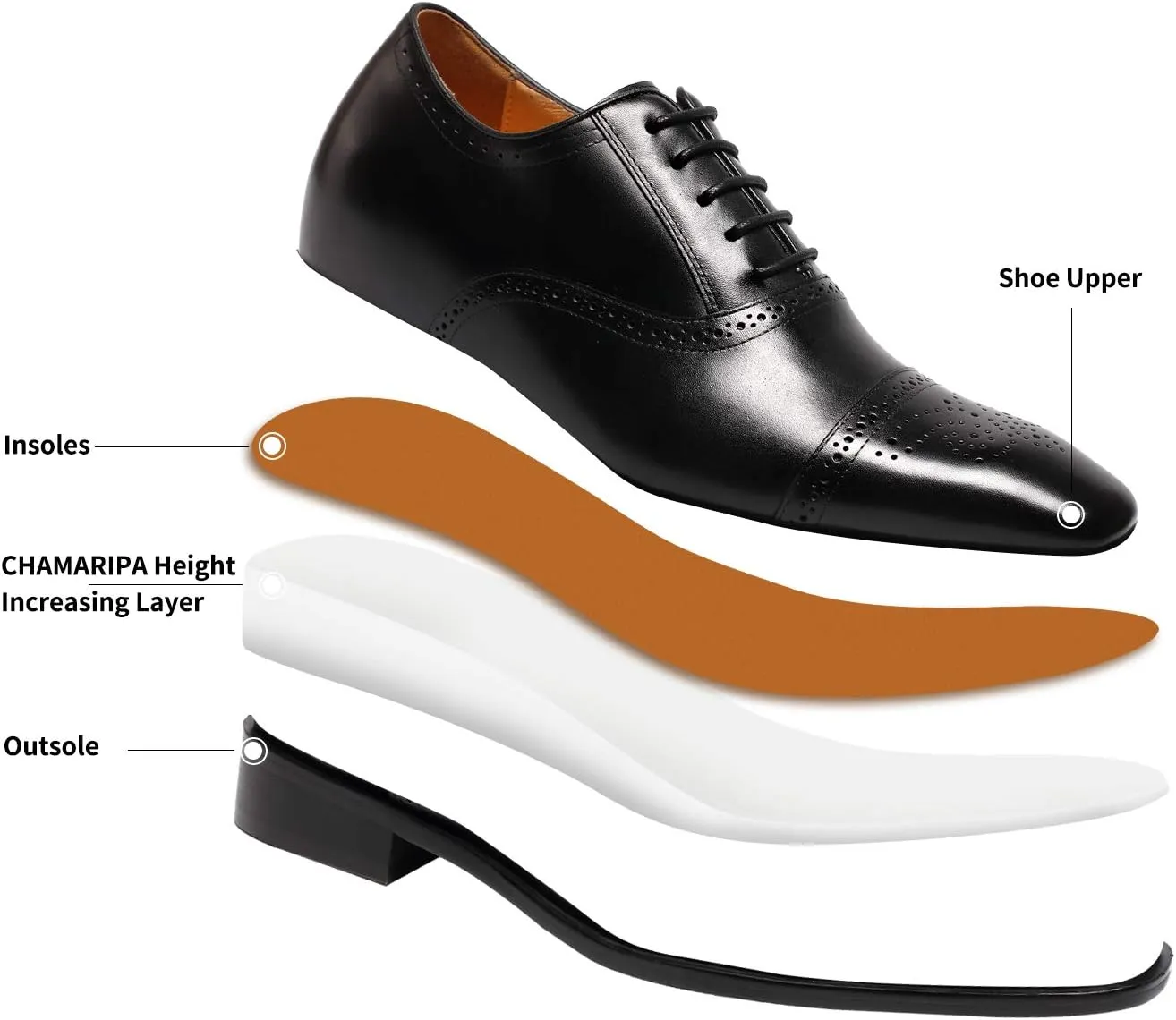 CHAMARIPA Men's Leather Elevator Shoes with Ergonomic Built-in Height Insoles | Breathable Anti-Shift Design, One-Last-One-Size Custom Fit | Enhanced Arch Support & Stealth Height Increase