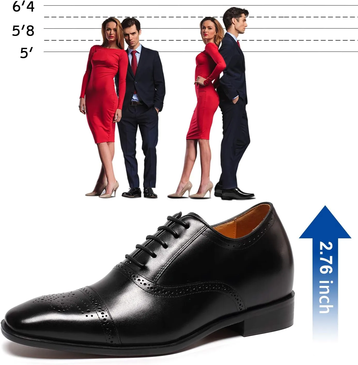 CHAMARIPA Men's Leather Elevator Shoes with Ergonomic Built-in Height Insoles | Breathable Anti-Shift Design, One-Last-One-Size Custom Fit | Enhanced Arch Support & Stealth Height Increase