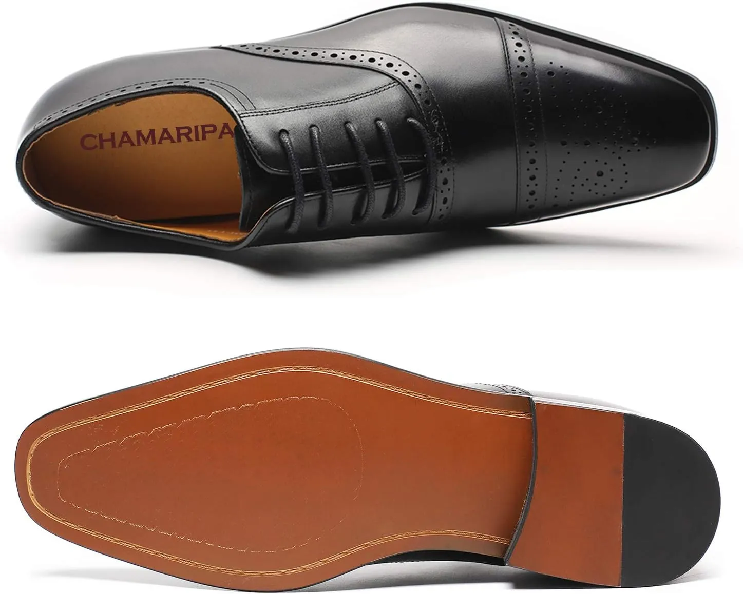 CHAMARIPA Men's Leather Elevator Shoes with Ergonomic Built-in Height Insoles | Breathable Anti-Shift Design, One-Last-One-Size Custom Fit | Enhanced Arch Support & Stealth Height Increase