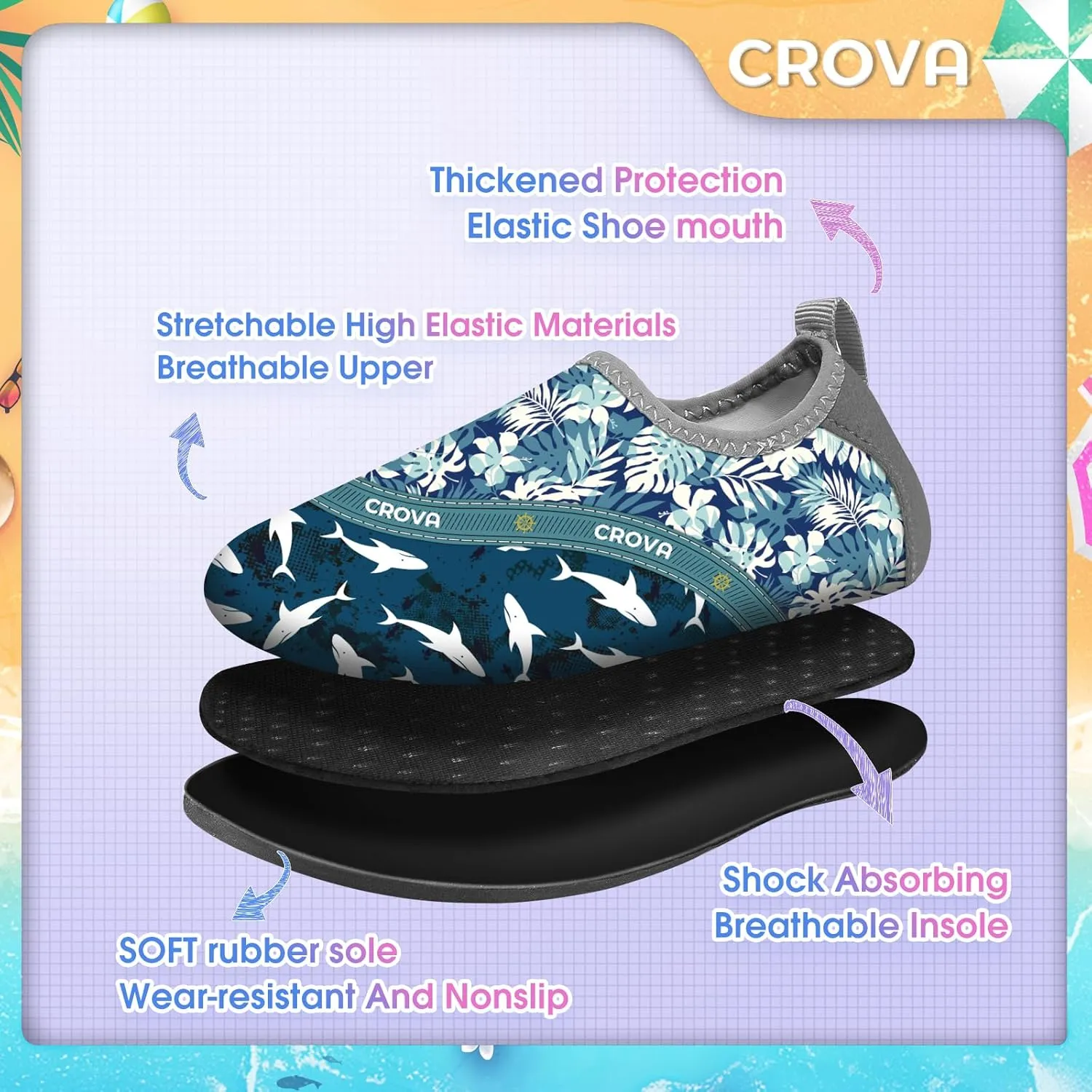 CROVA Toddler Kids Water Shoes Quick Dry Aqua Socks Non-Slip Barefoot Sports Shoes for Boys Girls Toddler