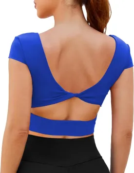 DaiLiWei Open Back Workout Tops for Women Short Sleeve Longline Sports Bras Support Crop Tank Yoga Shirts with Built in Bra