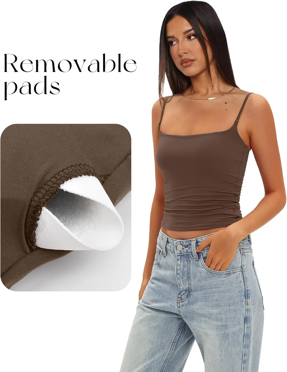 Darong Women Double Lined Tank Tops Bulit in Bra Spaghetti Straps Padded Cami Square Neck Basic Tank Shirt