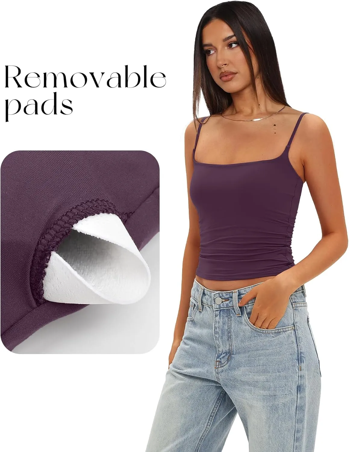 Darong Women Double Lined Tank Tops Bulit in Bra Spaghetti Straps Padded Cami Square Neck Basic Tank Shirt