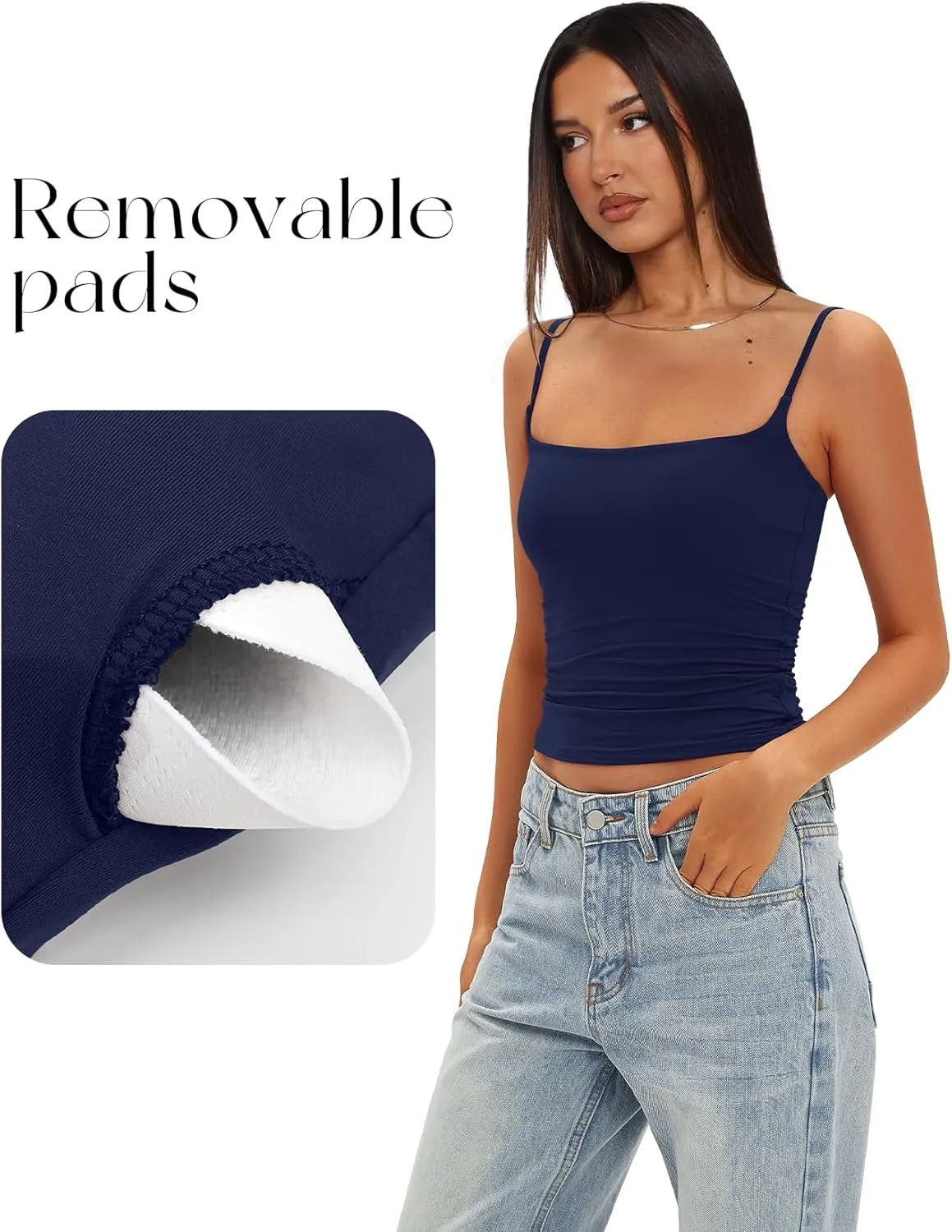 Darong Women Double Lined Tank Tops Bulit in Bra Spaghetti Straps Padded Cami Square Neck Basic Tank Shirt