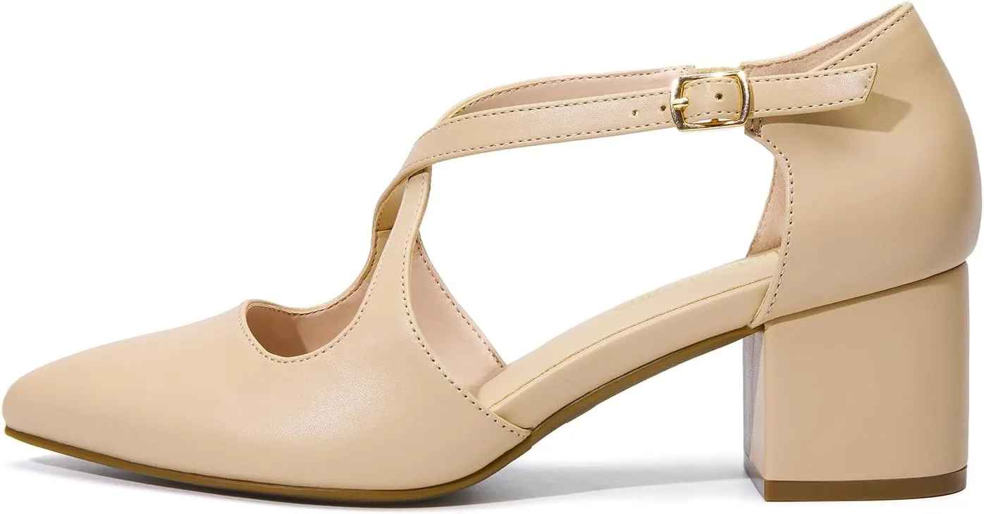 DREAM PAIRS Women's Chunky Heels Dress Pumps Closed Pointed Toe Comfort Cross Strap Block Heel Shoes for Party Dance Wedding