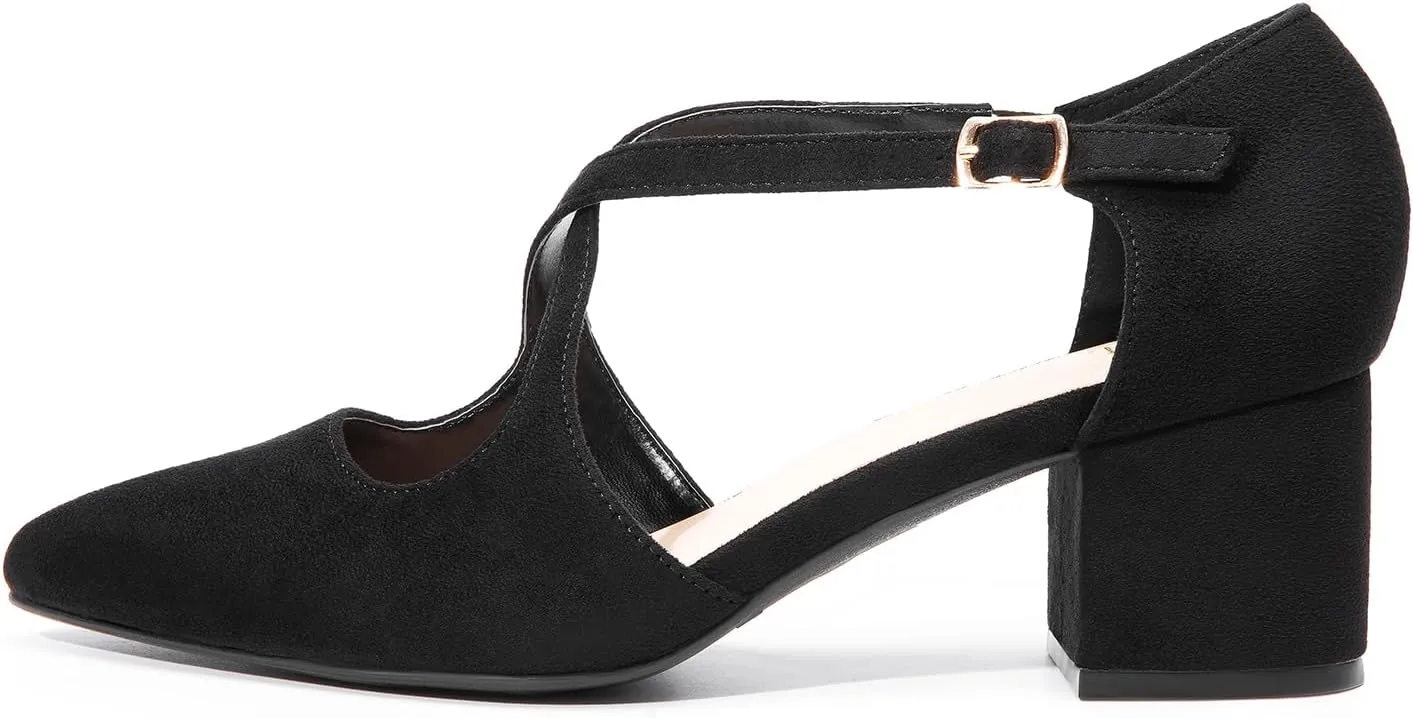 DREAM PAIRS Women's Chunky Heels Dress Pumps Closed Pointed Toe Comfort Cross Strap Block Heel Shoes for Party Dance Wedding