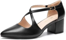 DREAM PAIRS Women's Chunky Heels Dress Pumps Closed Pointed Toe Comfort Cross Strap Block Heel Shoes for Party Dance Wedding