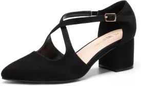 DREAM PAIRS Women's Chunky Heels Dress Pumps Closed Pointed Toe Comfort Cross Strap Block Heel Shoes for Party Dance Wedding