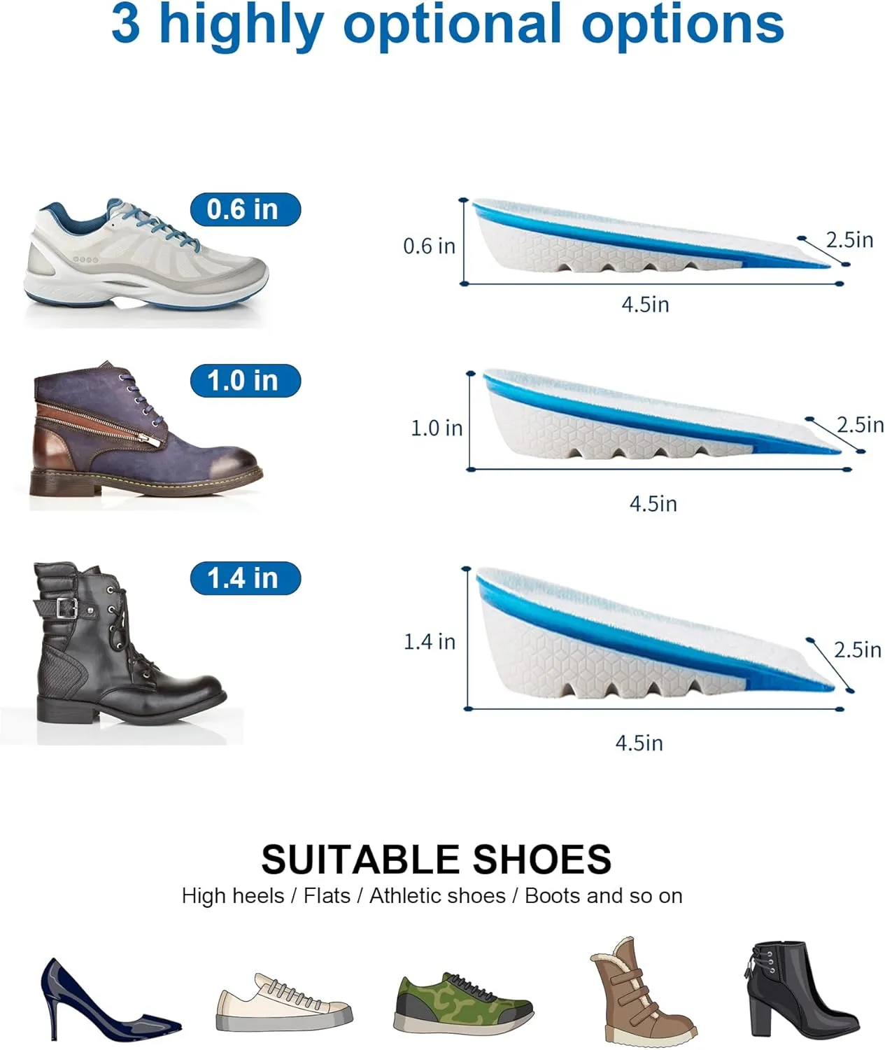 Height Boost Heel Lifts - 0.6/1.0/1.4 Inch Shoe Inserts for Men & Women, Pain Relief & Leg Length Discrepancy (1 Pair 1.0 in)