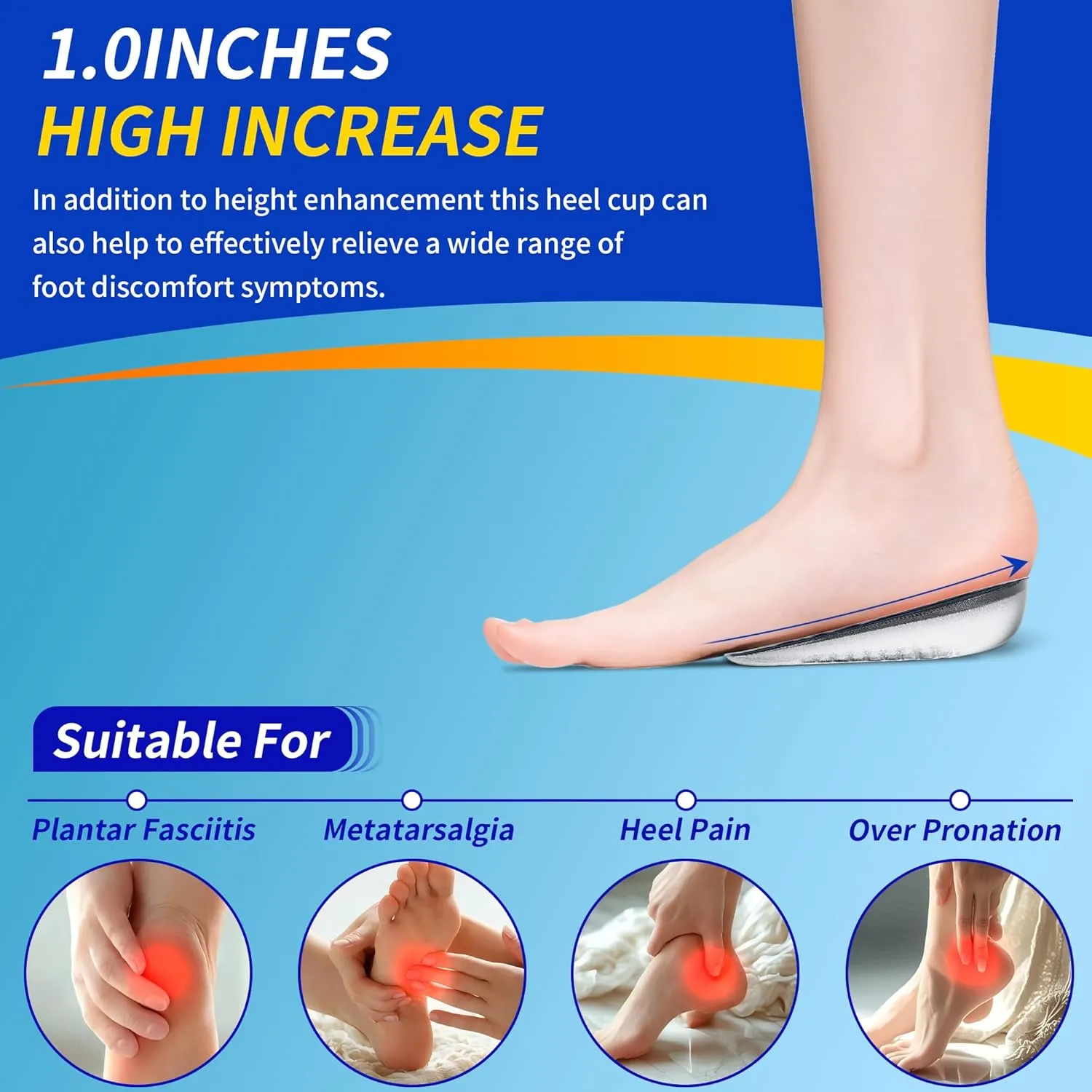 Height Increase Insoles, Gel Heel Lift Inserts for Pain Relief & Shock Absorption, Ideal for Heel Pain, Achilles Tendonitis, Plantar Fasciitis, and Foot Discomfort