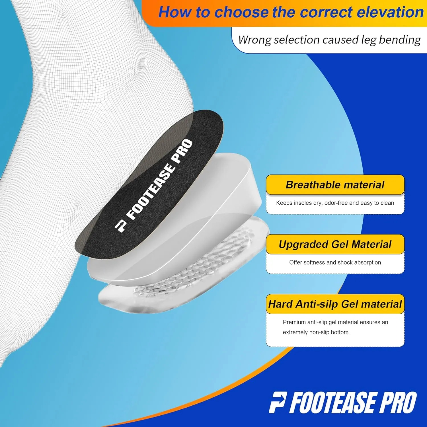 Height Increase Insoles, Gel Heel Lift Inserts for Pain Relief & Shock Absorption, Ideal for Heel Pain, Achilles Tendonitis, Plantar Fasciitis, and Foot Discomfort
