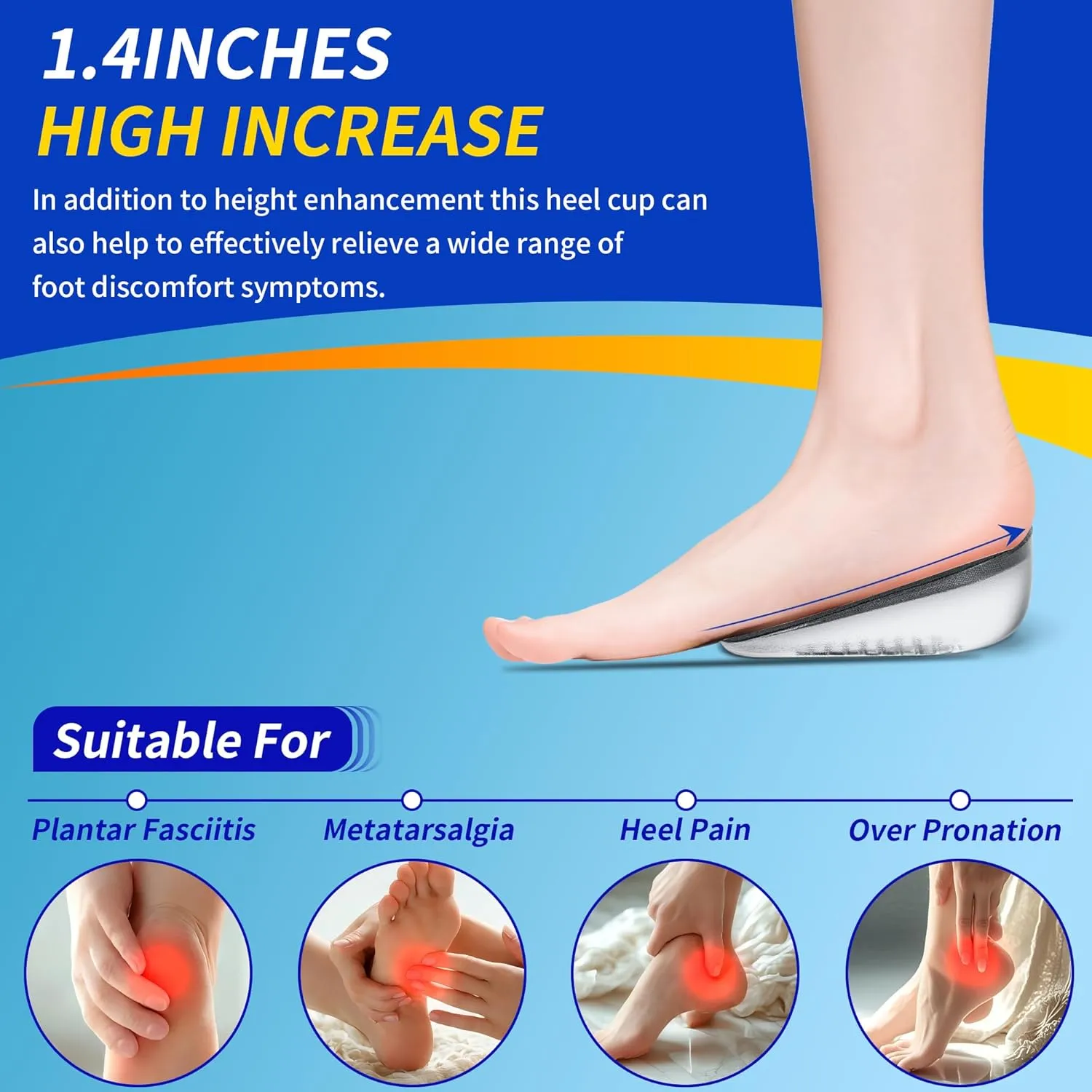 Height Increase Insoles, Gel Heel Lift Inserts for Pain Relief & Shock Absorption, Ideal for Heel Pain, Achilles Tendonitis, Plantar Fasciitis, and Foot Discomfort