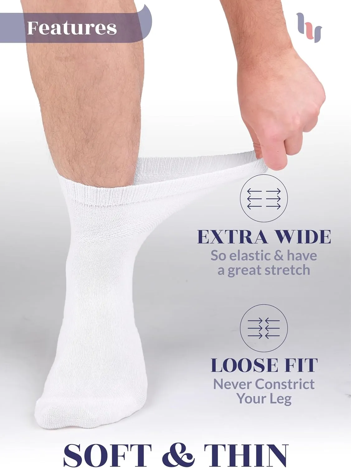 Hugh Ugoli Diabetic Socks for Men, Loose Ankle Socks, Bamboo, Extra-Wide, Thin, Seamless Toe, Non-Binding Top, 4 or 8 Pairs