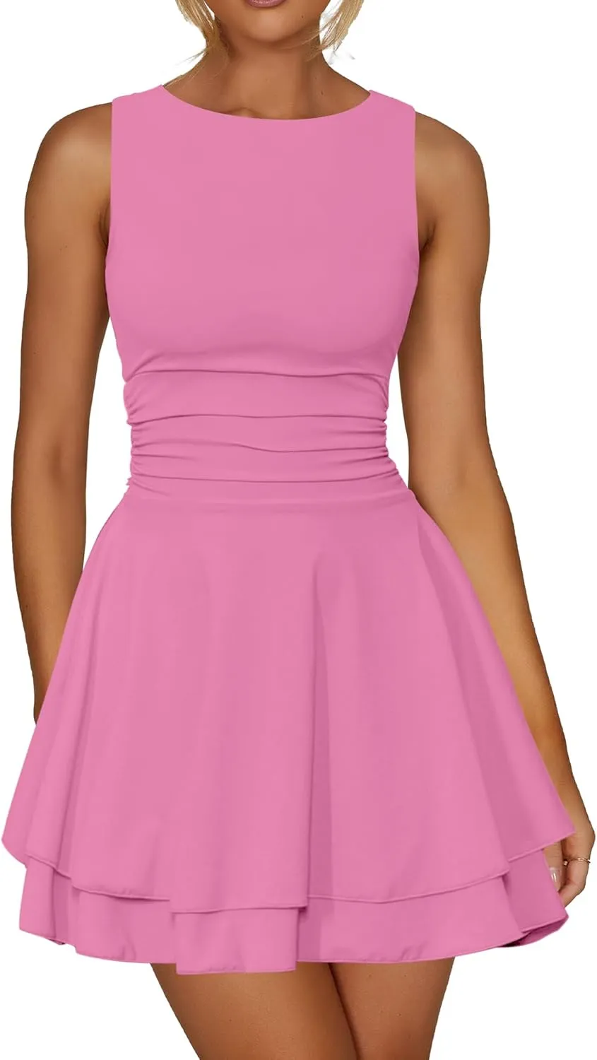 Kaximil Women's Ruffle Hem Boat Neck Mini Dress Sleeveless Ruched Corset Short Party Dresses