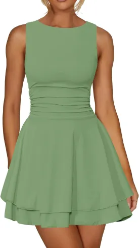 Kaximil Women's Ruffle Hem Boat Neck Mini Dress Sleeveless Ruched Corset Short Party Dresses