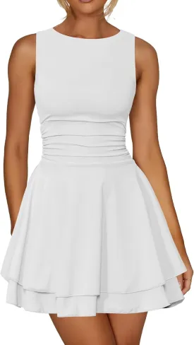 Kaximil Women's Ruffle Hem Boat Neck Mini Dress Sleeveless Ruched Corset Short Party Dresses