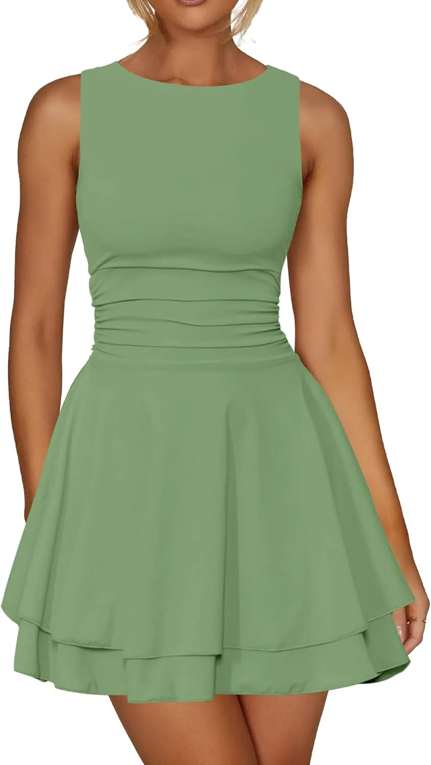 Kaximil Women's Ruffle Hem Boat Neck Mini Dress Sleeveless Ruched Corset Short Party Dresses