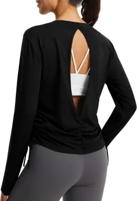 Libin Women's Long Sleeve Workout Tops UPF 50  Sun Protection Shirts Open Back Quick Dry Athletic Yoga Running T Shirt