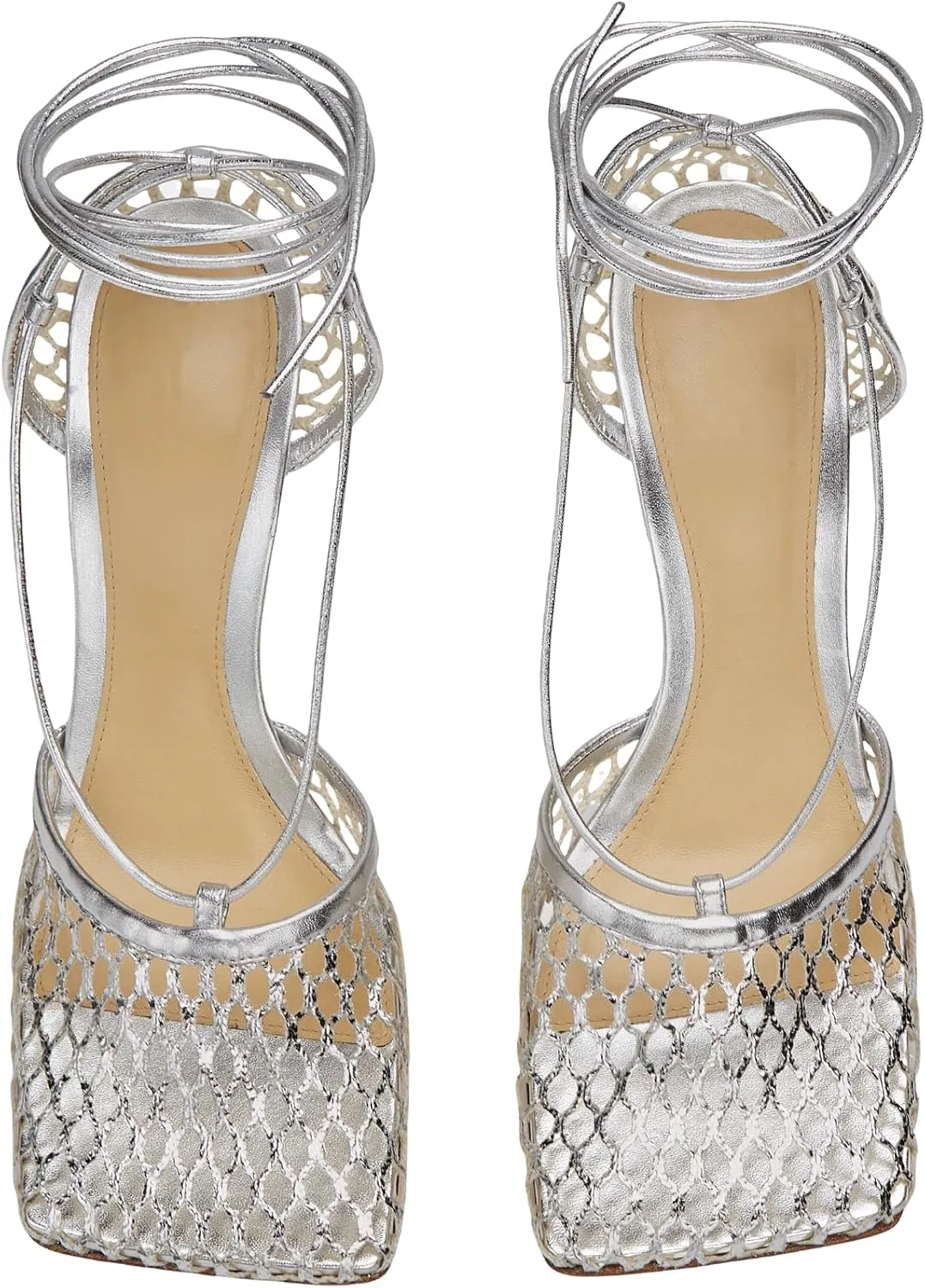 Olomisa Mesh Heels for Women - Wrap-up Heels with Square Toe & Strappy Fishnet Design