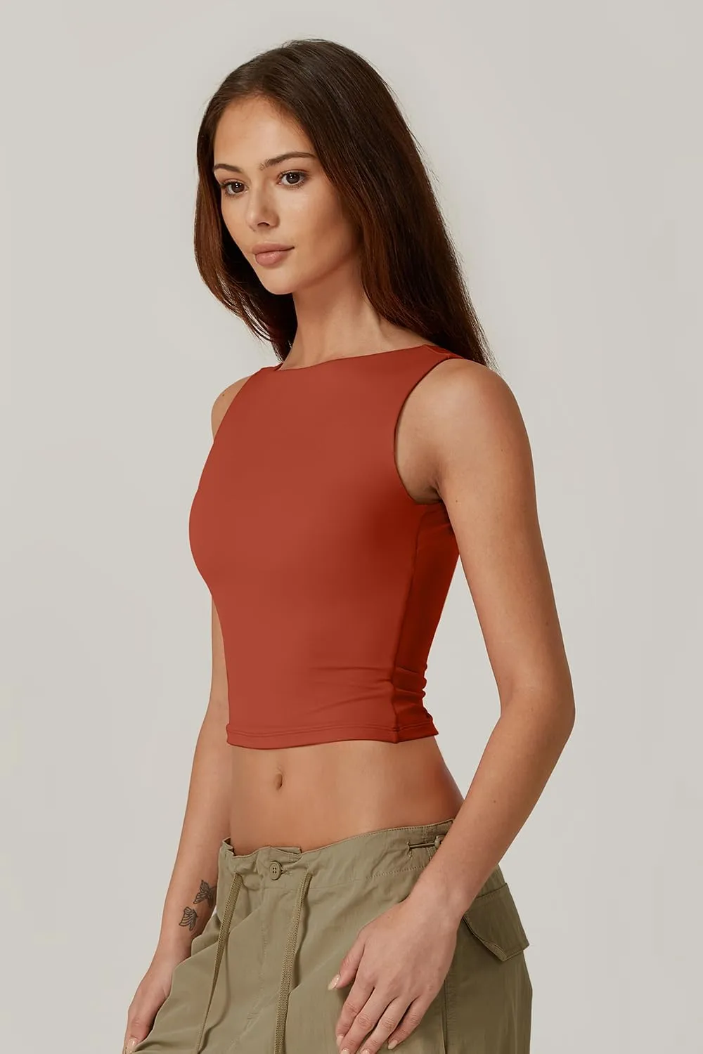 QINSEN Women's Sexy Open Back Sleeveless Crop Tank High Neck Slim Fit Cropped Tee Shirt Y2k Tops