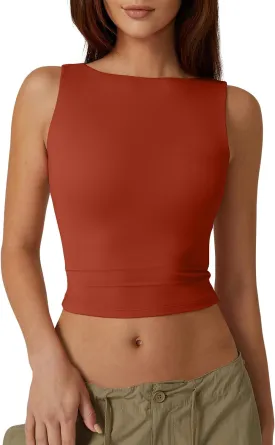 QINSEN Women's Sexy Open Back Sleeveless Crop Tank High Neck Slim Fit Cropped Tee Shirt Y2k Tops