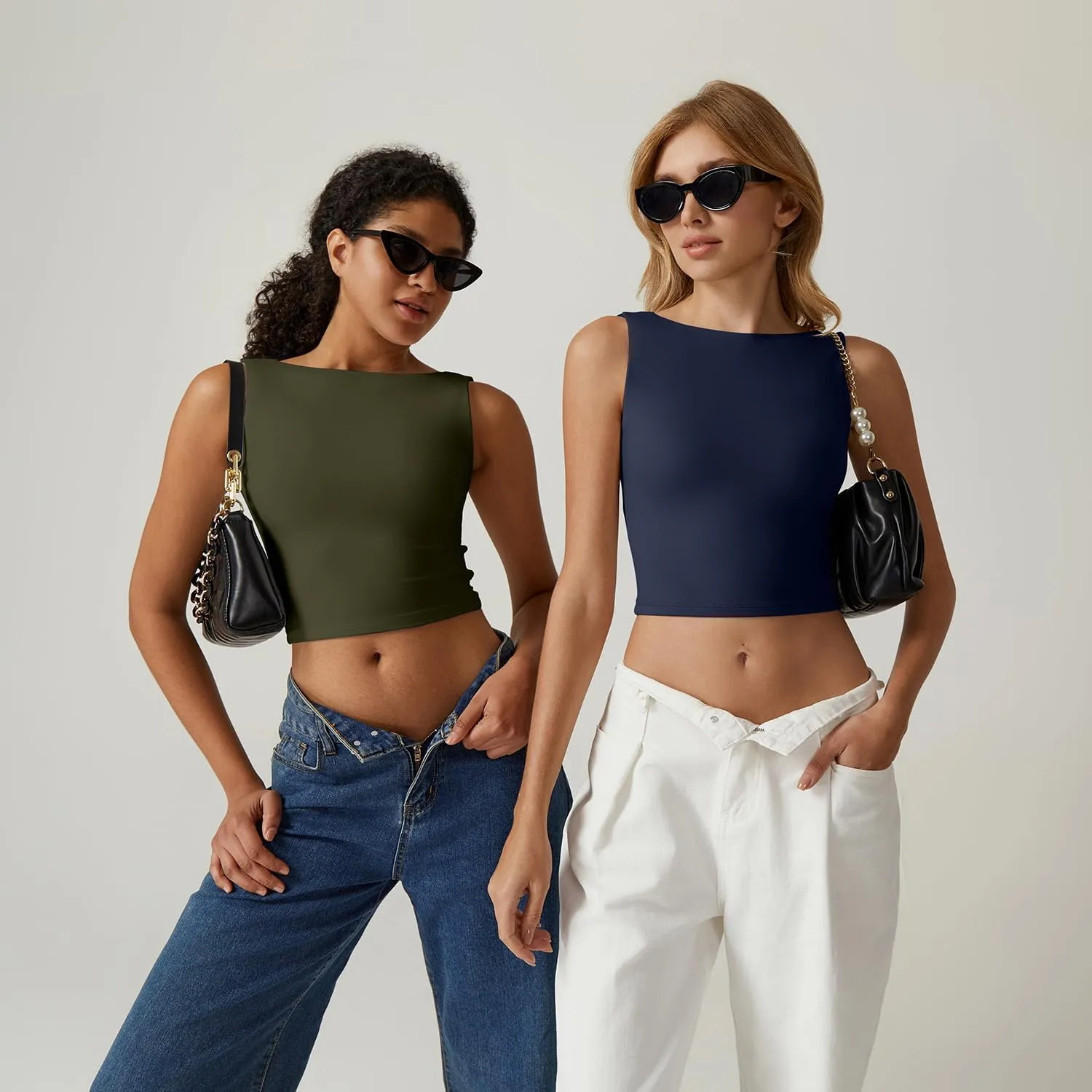 QINSEN Women's Sexy Open Back Sleeveless Crop Tank High Neck Slim Fit Cropped Tee Shirt Y2k Tops