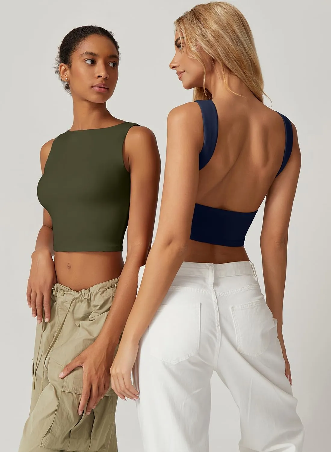 QINSEN Women's Sexy Open Back Sleeveless Crop Tank High Neck Slim Fit Cropped Tee Shirt Y2k Tops