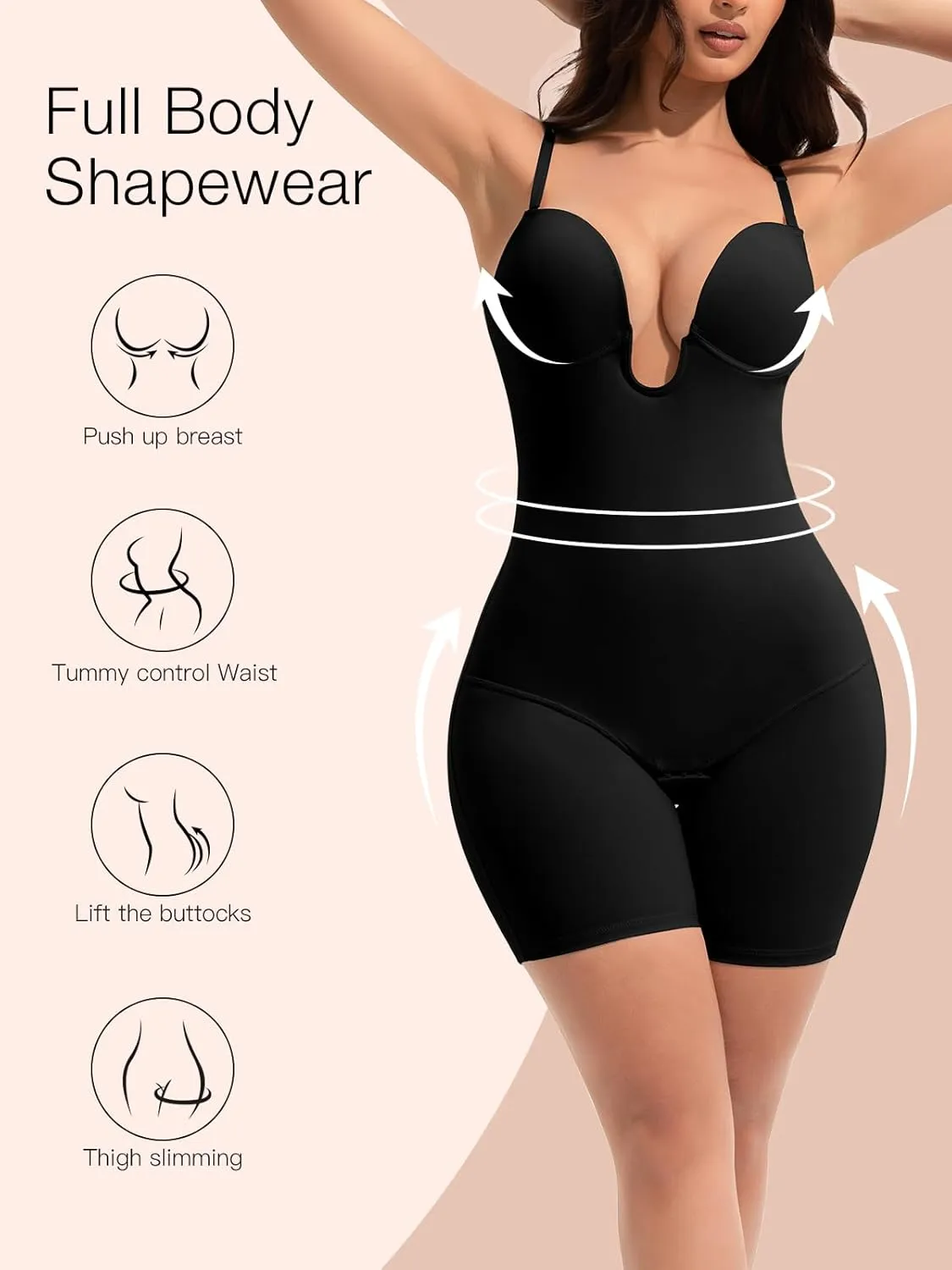 Slimers Backless Shapewear Tummy Control: Low Back Plunge Shapewear Bodysuit - Slimming Built-In Bra Full Body shaper Woman