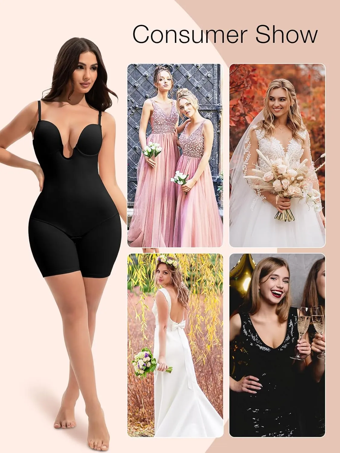Slimers Backless Shapewear Tummy Control: Low Back Plunge Shapewear Bodysuit - Slimming Built-In Bra Full Body shaper Woman