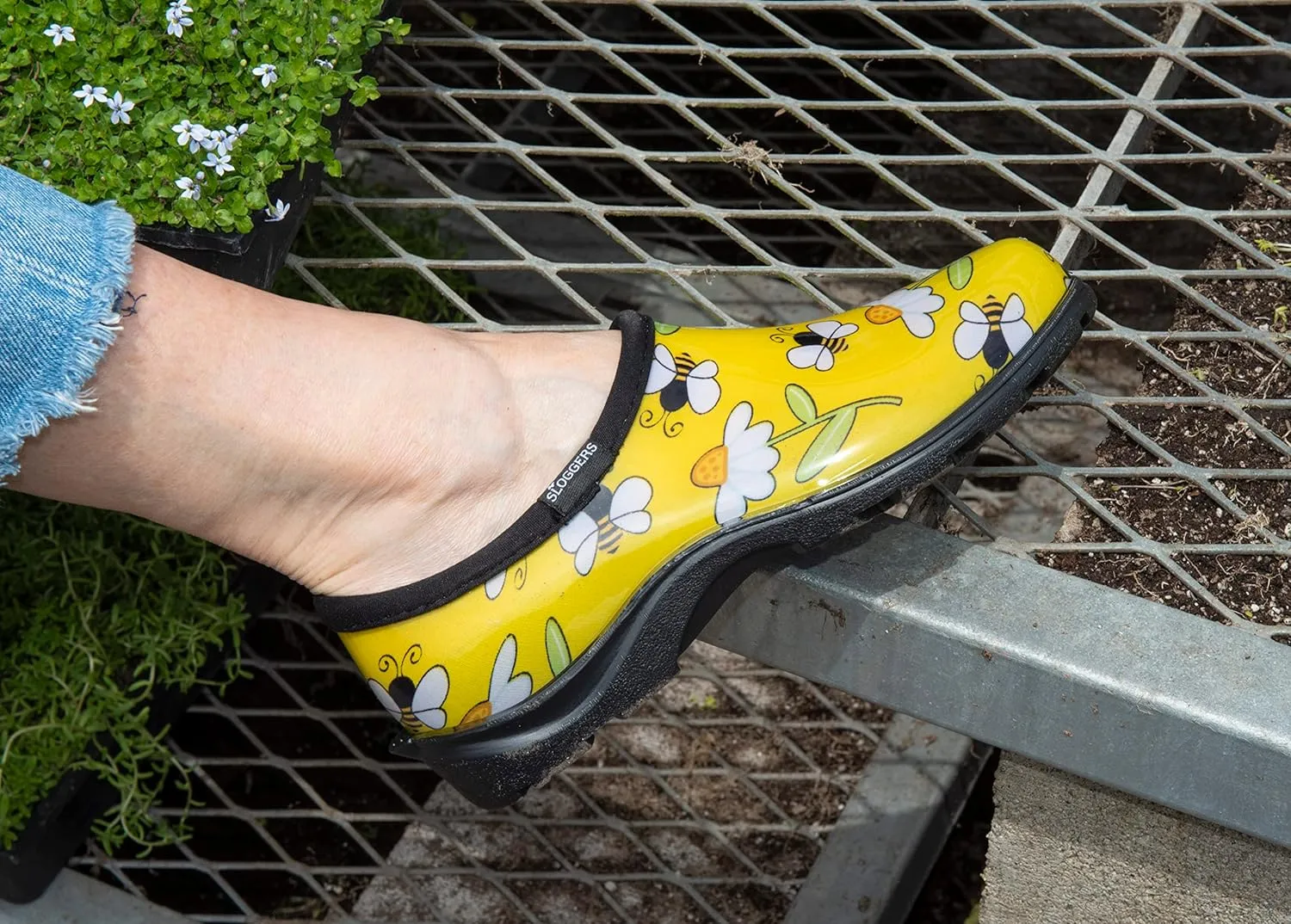 Sloggers Original Waterproof Rain and Garden Shoe for Women Outdoor Slip-On Garden Clog - Made in The USA with Premium Comfort Insole and Arch Support - Bee Print Yellow, Size 7