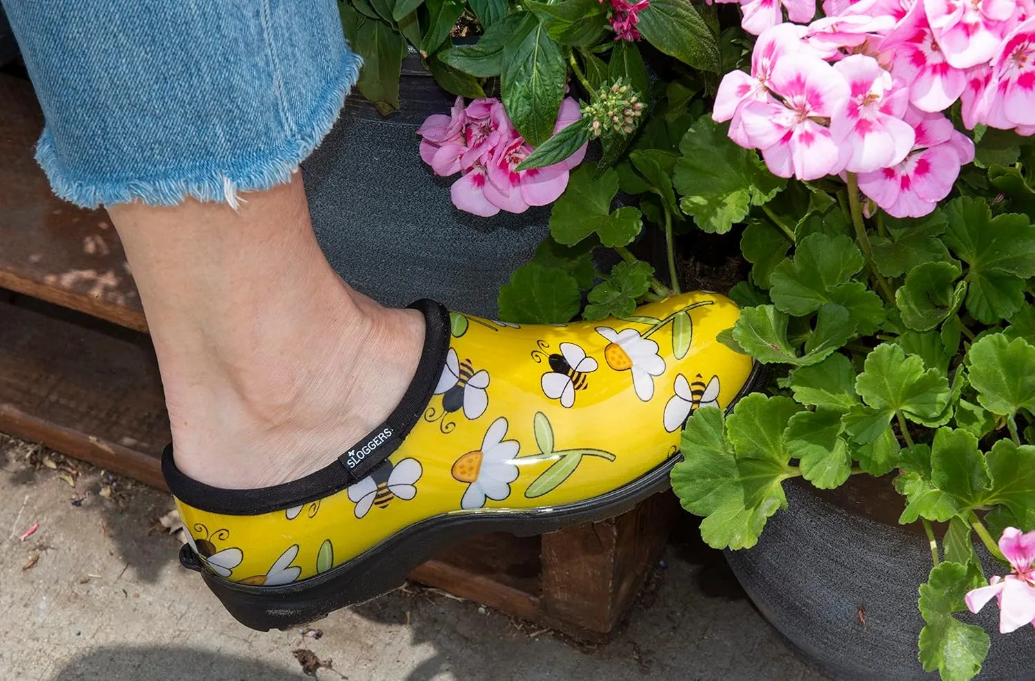 Sloggers Original Waterproof Rain and Garden Shoe for Women Outdoor Slip-On Garden Clog - Made in The USA with Premium Comfort Insole and Arch Support - Bee Print Yellow, Size 7
