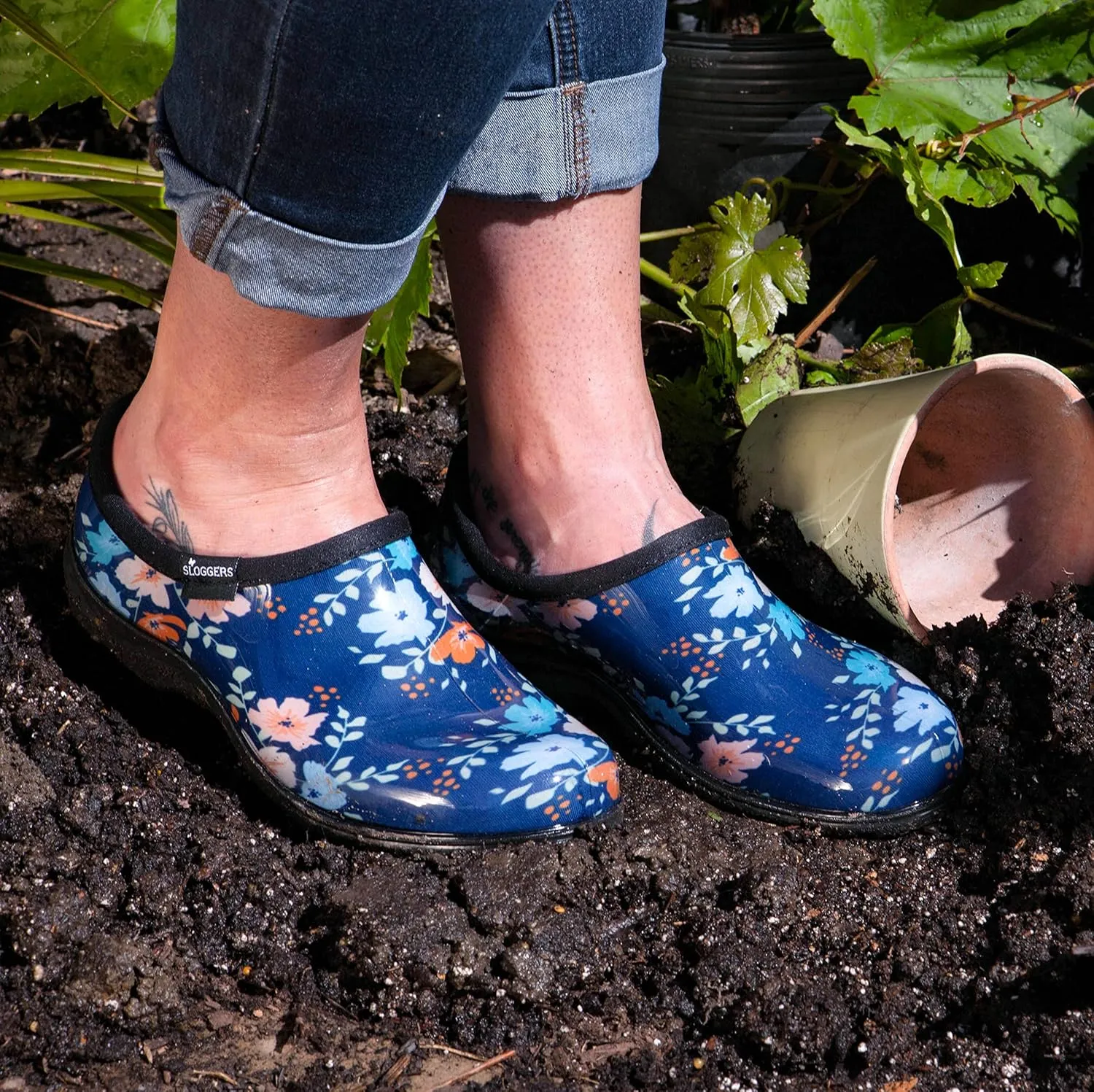 Sloggers Original Waterproof Rain and Garden Shoe for Women Outdoor Slip-On Garden Clog - Made in The USA with Premium Comfort Insole and Arch Support - Blue Floral Fun Print, Size 7