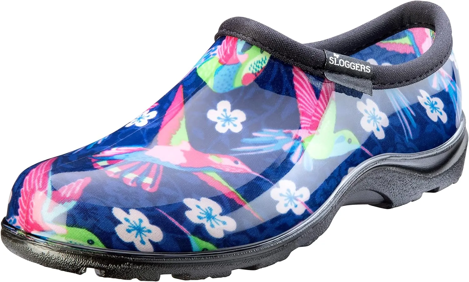 Sloggers Original Waterproof Rain and Garden Shoe for Women Outdoor Slip-On Garden Clog - Made in The USA with Premium Comfort Insole and Arch Support - Blue/Pink Hummingbird Print, Size 7
