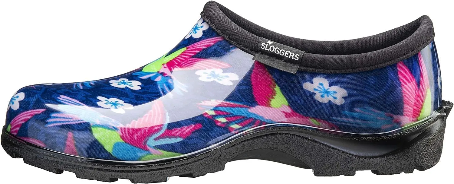 Sloggers Original Waterproof Rain and Garden Shoe for Women Outdoor Slip-On Garden Clog - Made in The USA with Premium Comfort Insole and Arch Support - Blue/Pink Hummingbird Print, Size 7