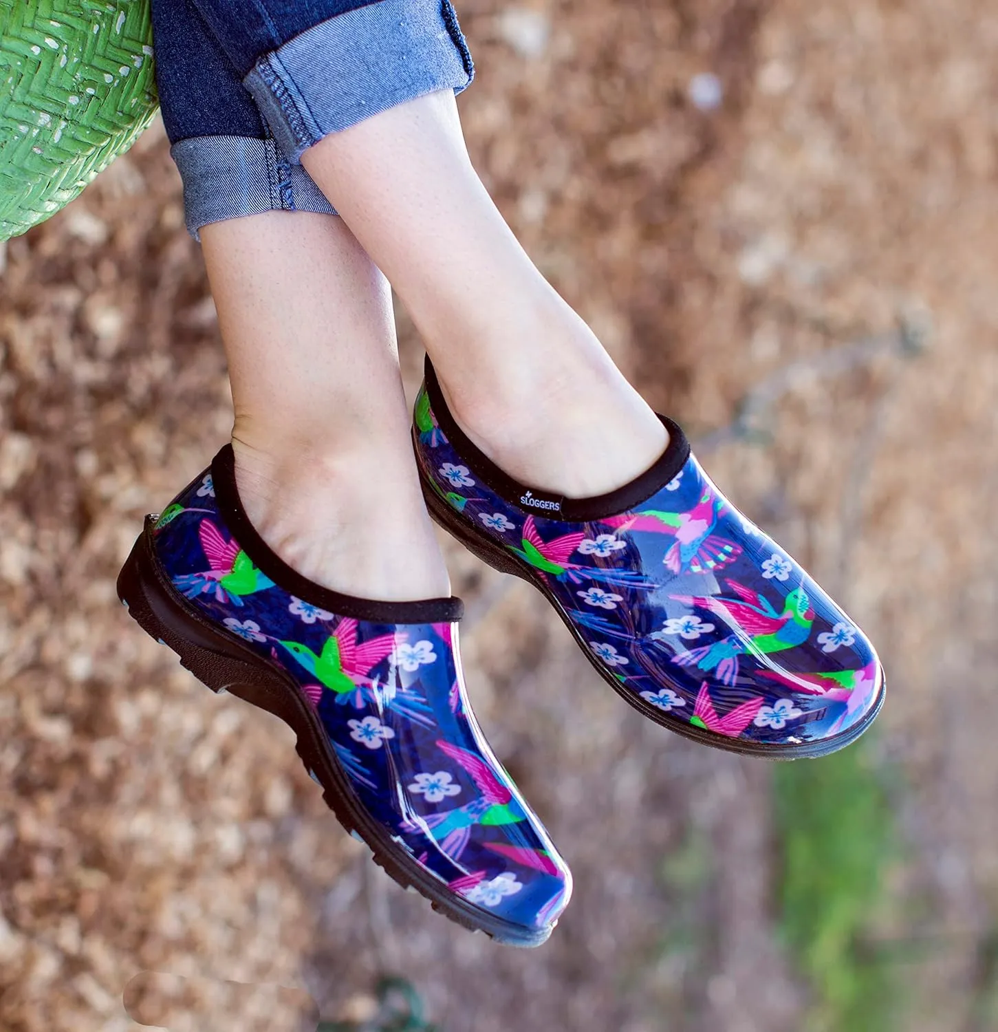 Sloggers Original Waterproof Rain and Garden Shoe for Women Outdoor Slip-On Garden Clog - Made in The USA with Premium Comfort Insole and Arch Support - Blue/Pink Hummingbird Print, Size 7