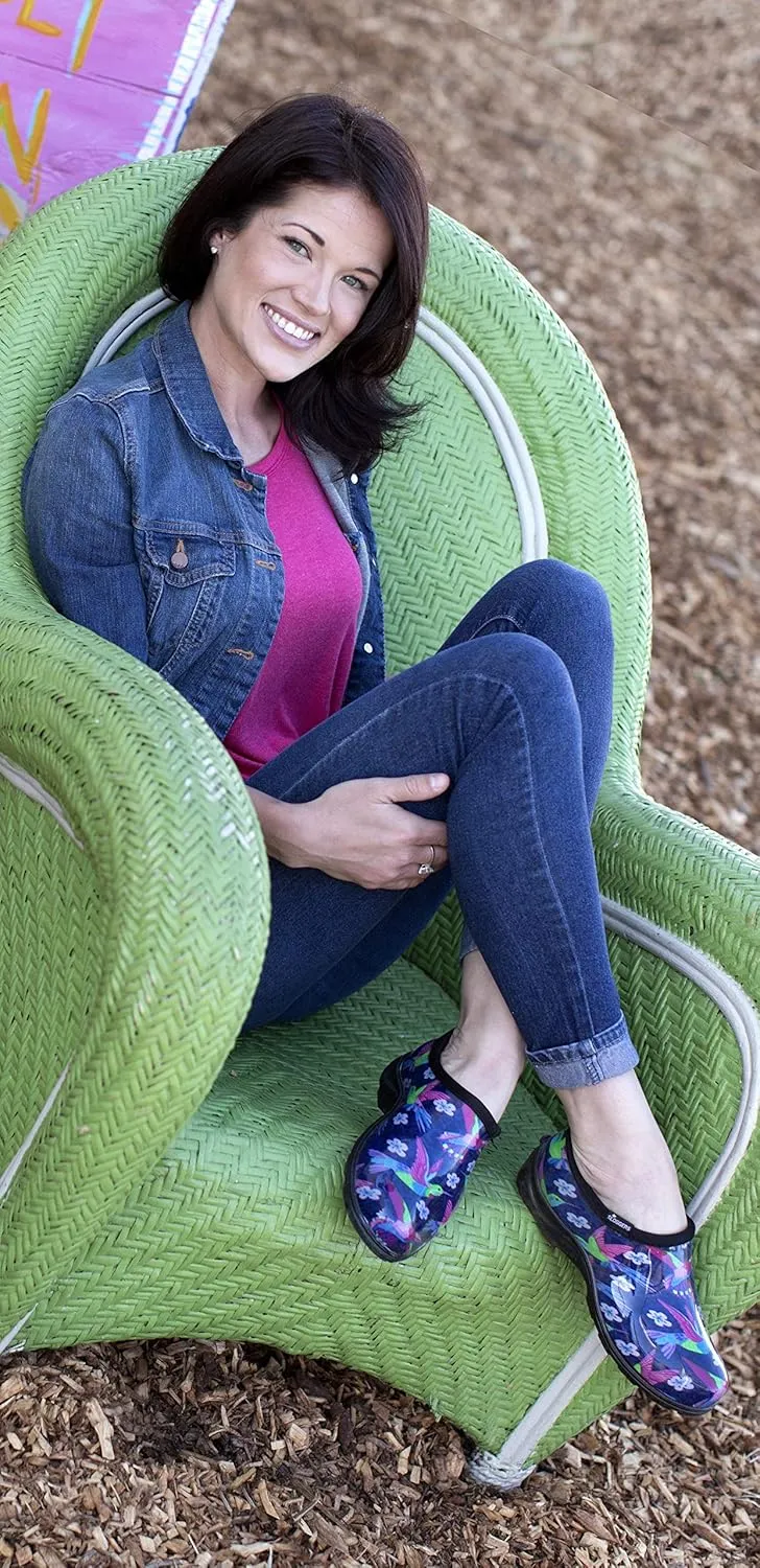 Sloggers Original Waterproof Rain and Garden Shoe for Women Outdoor Slip-On Garden Clog - Made in The USA with Premium Comfort Insole and Arch Support - Blue/Pink Hummingbird Print, Size 7