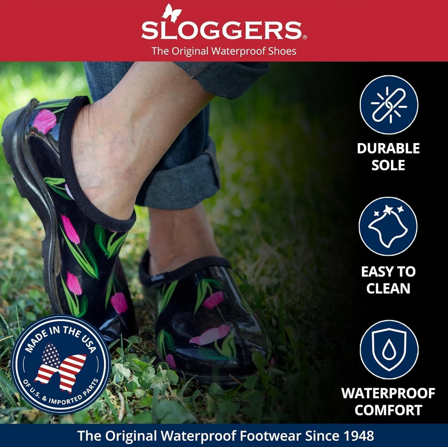 Sloggers Original Waterproof Rain and Garden Shoe for Women Outdoor Slip-On Garden Clog - Made in The USA with Premium Comfort Insole and Arch Support - Blue/Pink Hummingbird Print, Size 7