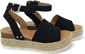 Soda Topic Open Toe Buckle Ankle Strap Espadrilles Flatform Wedge Casual Sandal BLACK 10